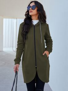 Mulvari 拉鏈開襟不對稱下擺連帽衫 - 軍綠色 - 查看 3