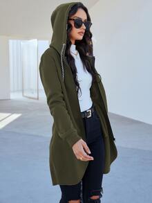 Mulvari 拉鏈開襟不對稱下擺連帽衫 - 軍綠色 - 查看 4