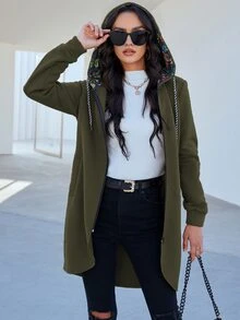 Mulvari 拉鏈開襟不對稱下擺連帽衫 - 軍綠色 - 查看 6