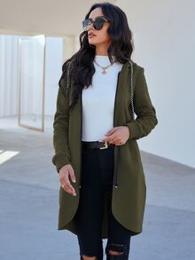 Mulvari 拉鏈開襟不對稱下擺連帽衫 - 軍綠色 - 查看 7