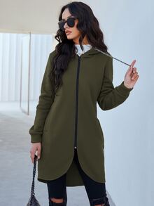 Mulvari 拉鏈開襟不對稱下擺連帽衫 - 軍綠色 - 查看 8
