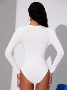 SHEIN BAE Solid Long Sleeve Tee Bodysuit - White - View 2