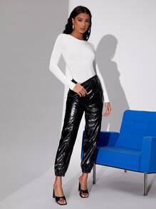 SHEIN BAE Solid Long Sleeve Tee Bodysuit - White - View 4