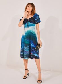 Tina Benally Art 圖案印花泡泡袖前打結連衣裙 - 藍色 - 查看 1