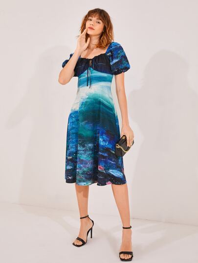 Tina Benally Art 圖案印花泡泡袖前打結連衣裙