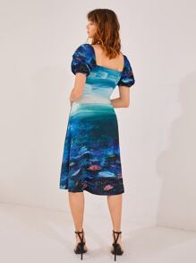 Tina Benally Art 圖案印花泡泡袖前打結連衣裙 - 藍色 - 查看 2