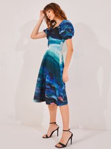 Tina Benally Art 圖案印花泡泡袖前打結連衣裙 - 藍色 - 查看 3