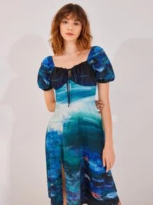 Tina Benally Art 圖案印花泡泡袖前打結連衣裙 - 藍色 - 查看 4