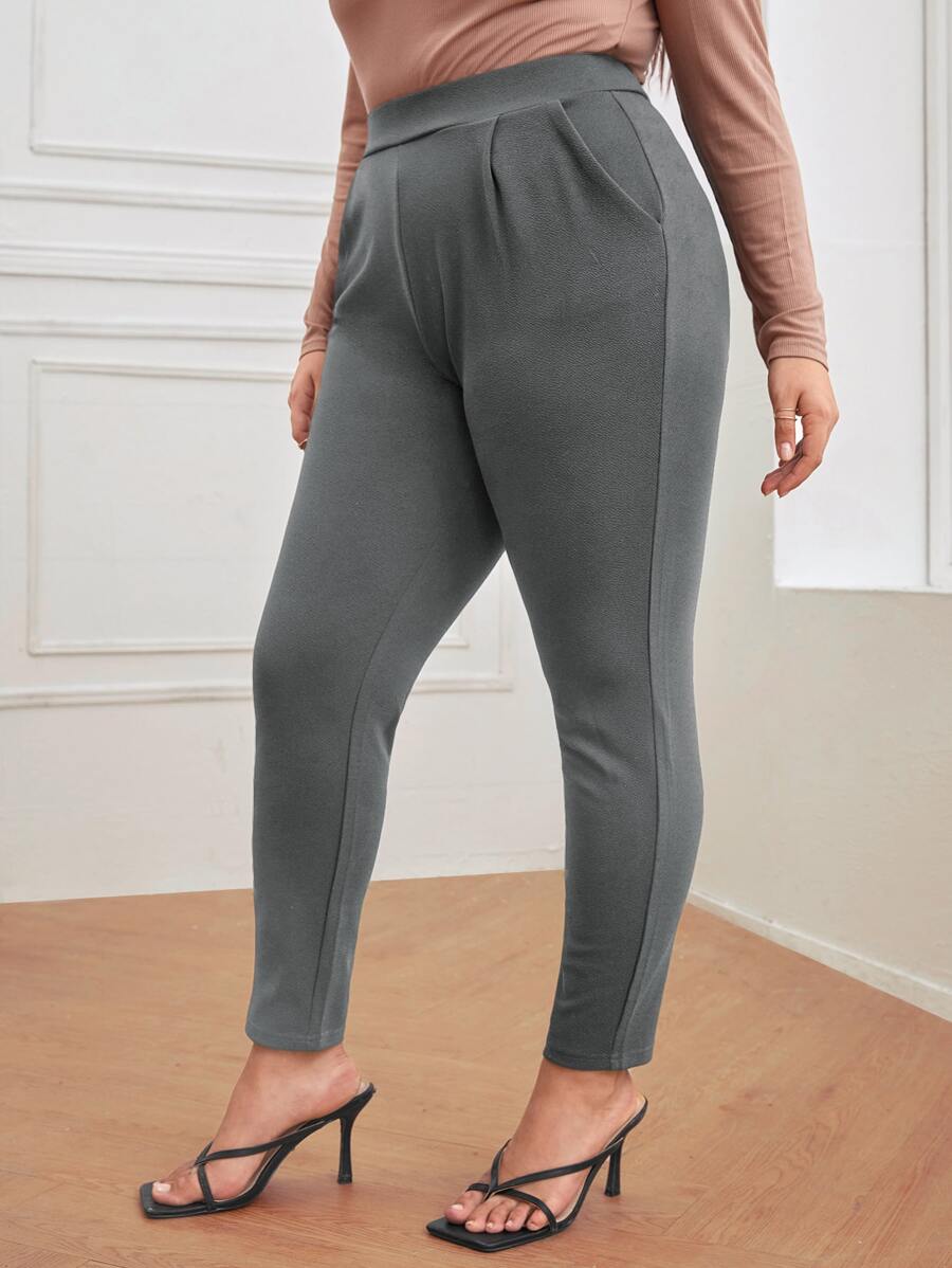 SHEIN Essnce Plus Solid High Waist Skinny Trousers - Grey - View 1