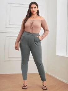 SHEIN Essnce Plus Solid High Waist Skinny Trousers - Grey - View 3