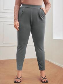 SHEIN Essnce Plus Solid High Waist Skinny Trousers - Grey - View 5