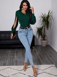 SHEIN SXY Split Lantern Sleeve Ribbed Knit Slim Fit Bodysuit - Dark Green - View 5
