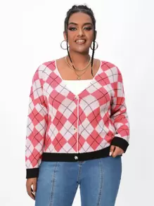 SHEIN EZwear Plus Argyle Pattern Drop Shoulder Cardigan - Multicolor - View 1