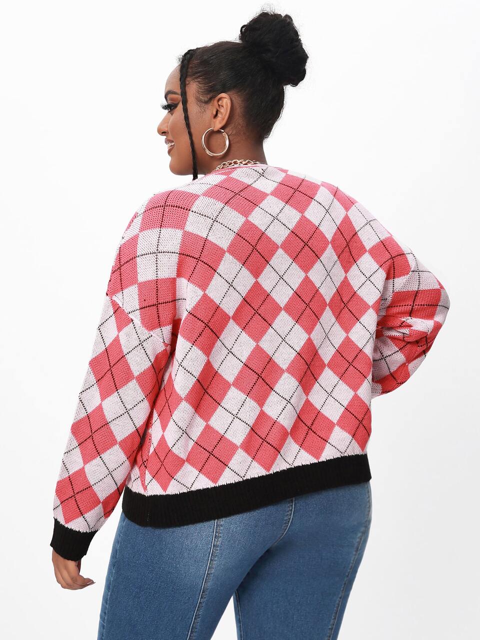 Plus Argyle Pattern Drop Shoulder Cardigan