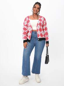 SHEIN EZwear Plus Argyle Pattern Drop Shoulder Cardigan - Multicolor - View 3