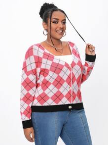 SHEIN EZwear Plus Argyle Pattern Drop Shoulder Cardigan - Multicolor - View 4