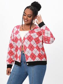 SHEIN EZwear Plus Argyle Pattern Drop Shoulder Cardigan - Multicolor - View 5