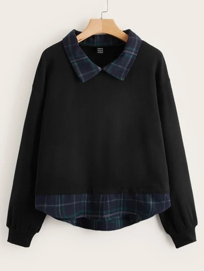 SHEIN EZwear 大码女式二合一格子衬衫领运动衫，秋冬季