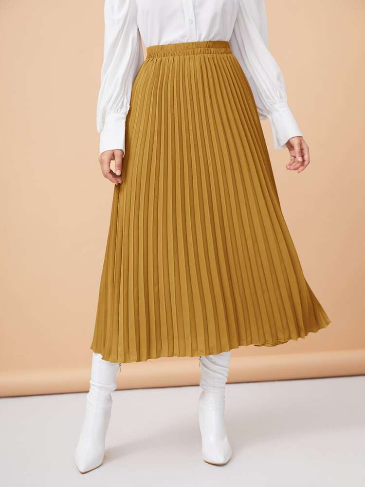 Solid High Waisted Pleated Skirt - Mustard Yellow - View 3