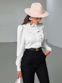 Modelyn Ruffle Trim Puff Sleeve Blouse - White - View 1