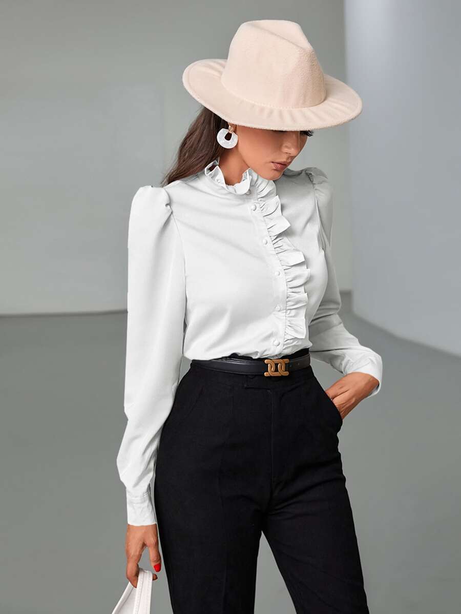 Modelyn Ruffle Trim Puff Sleeve Blouse - White - View 1