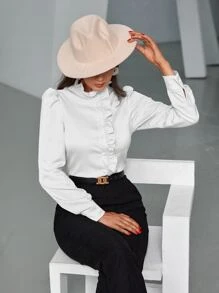 Modelyn Ruffle Trim Puff Sleeve Blouse - White - View 4