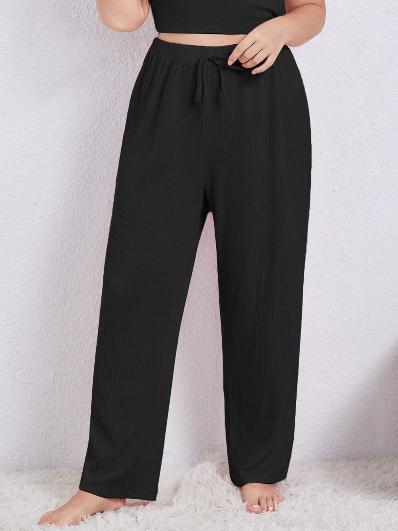 Plus Tie Waist Sleep Trousers - Black - View 1