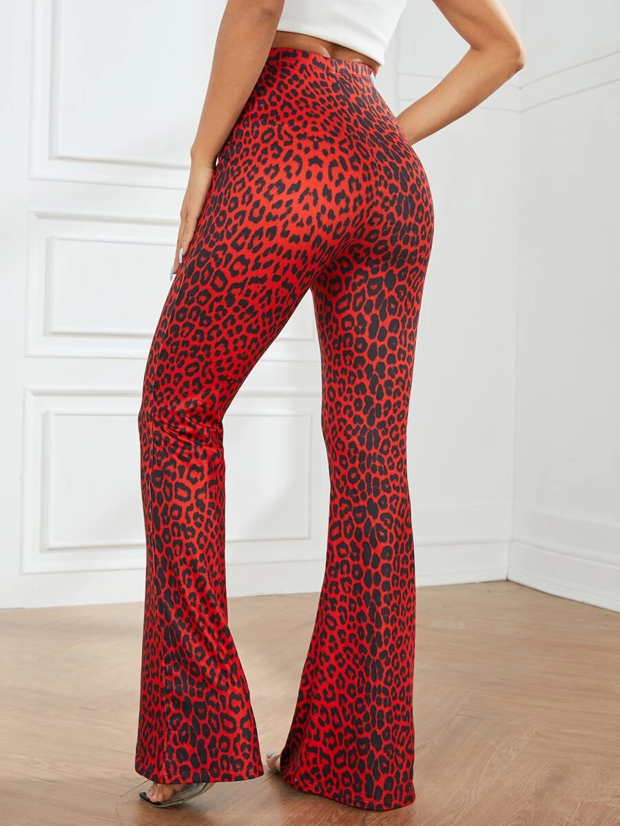SHEIN SXY 高腰豹紋印花喇叭長褲 - 彩色 - 查看 1