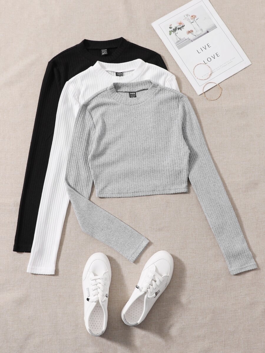 SHEIN 3pcs Ribbed Knit Crop Tee - Multicolor - View 1
