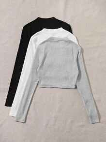 SHEIN 3pcs Ribbed Knit Crop Tee - Multicolor - View 2