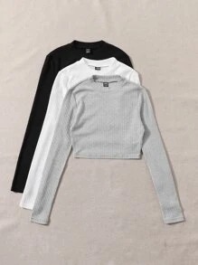 SHEIN 3pcs Ribbed Knit Crop Tee - Multicolor - View 3