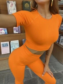 Yoga Basic 無縫插肩運動袖T恤和運動緊身褲套裝 - 橘色 - 查看 1