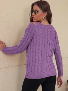 SHEIN Unity Jersey tejido de cable de cuello V con abertura - Morado Violeta - Ver 2