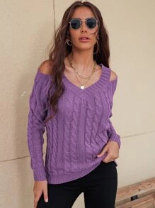 SHEIN Unity Jersey tejido de cable de cuello V con abertura - Morado Violeta - Ver 3