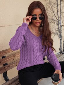 SHEIN Unity Jersey tejido de cable de cuello V con abertura - Morado Violeta - Ver 4