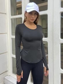 Easithlete Criss Cross Peekaboo Back Áo thun thể thao hàng đầu - Màu xám đen - Xem 2