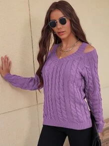 SHEIN Unity Jersey tejido de cable de cuello V con abertura - Morado Violeta - Ver 5