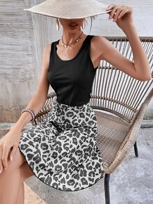 Bộ đồ hai mảnh nữ Gân đan Báo Giải trí - Đen và trắng - Xem 2