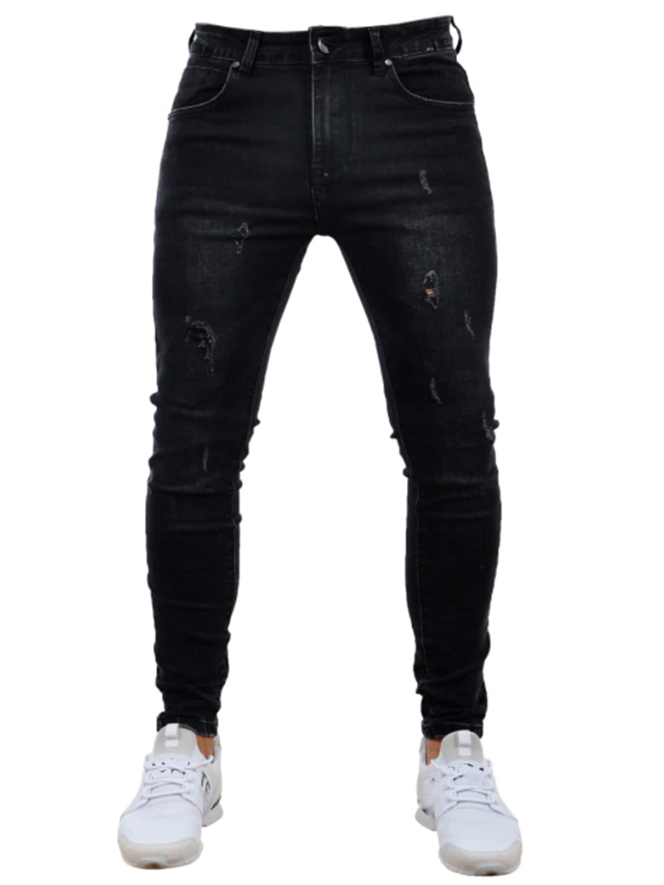 ROMWE MEN Guys Ripped Jeans - Black - View 1