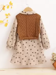 SHEIN Young Girl Butterfly Print Ruffle Hem Corduroy Dress & Textured Tank Top - Multicolor - View 2