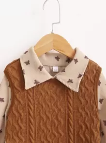 SHEIN Young Girl Butterfly Print Ruffle Hem Corduroy Dress & Textured Tank Top - Multicolor - View 3