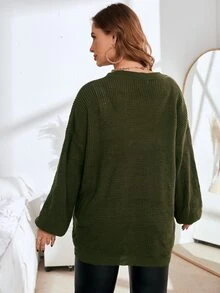 SHEIN 大码灯笼袖开衫 - 軍綠色 - 查看 2