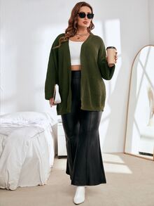 SHEIN 大码灯笼袖开衫 - 軍綠色 - 查看 3