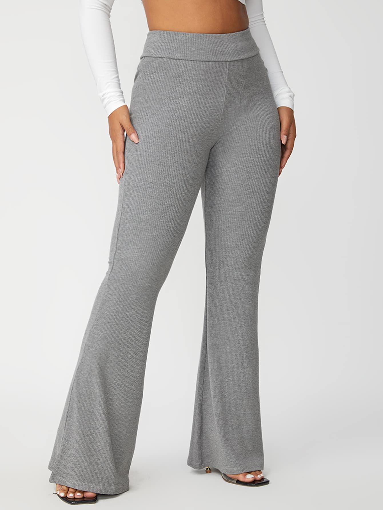 SHEIN SXY Solid Rib Knit Flare Leg Trousers - Light Grey - View 1