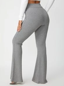 SHEIN SXY Solid Rib Knit Flare Leg Trousers - Light Grey - View 2