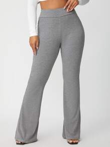 SHEIN SXY Solid Rib Knit Flare Leg Trousers - Light Grey - View 3