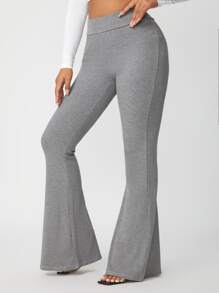 SHEIN SXY Solid Rib Knit Flare Leg Trousers - Light Grey - View 4