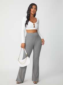 SHEIN SXY Solid Rib Knit Flare Leg Trousers - Light Grey - View 5
