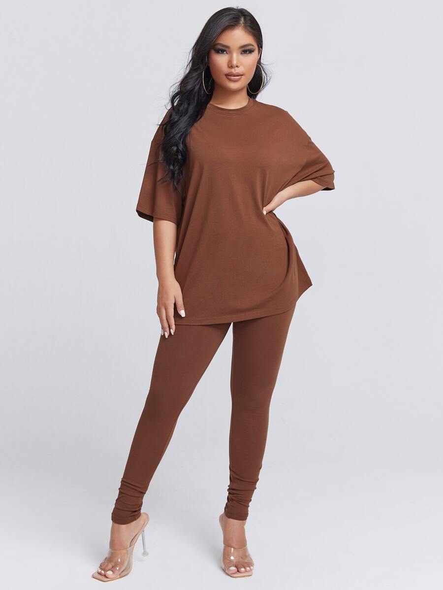SHEIN SXY Solid Drop Shoulder Tee & Leggings - Coffee Brown - View 1