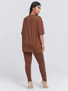 SHEIN SXY Solid Drop Shoulder Tee & Leggings - Coffee Brown - View 2